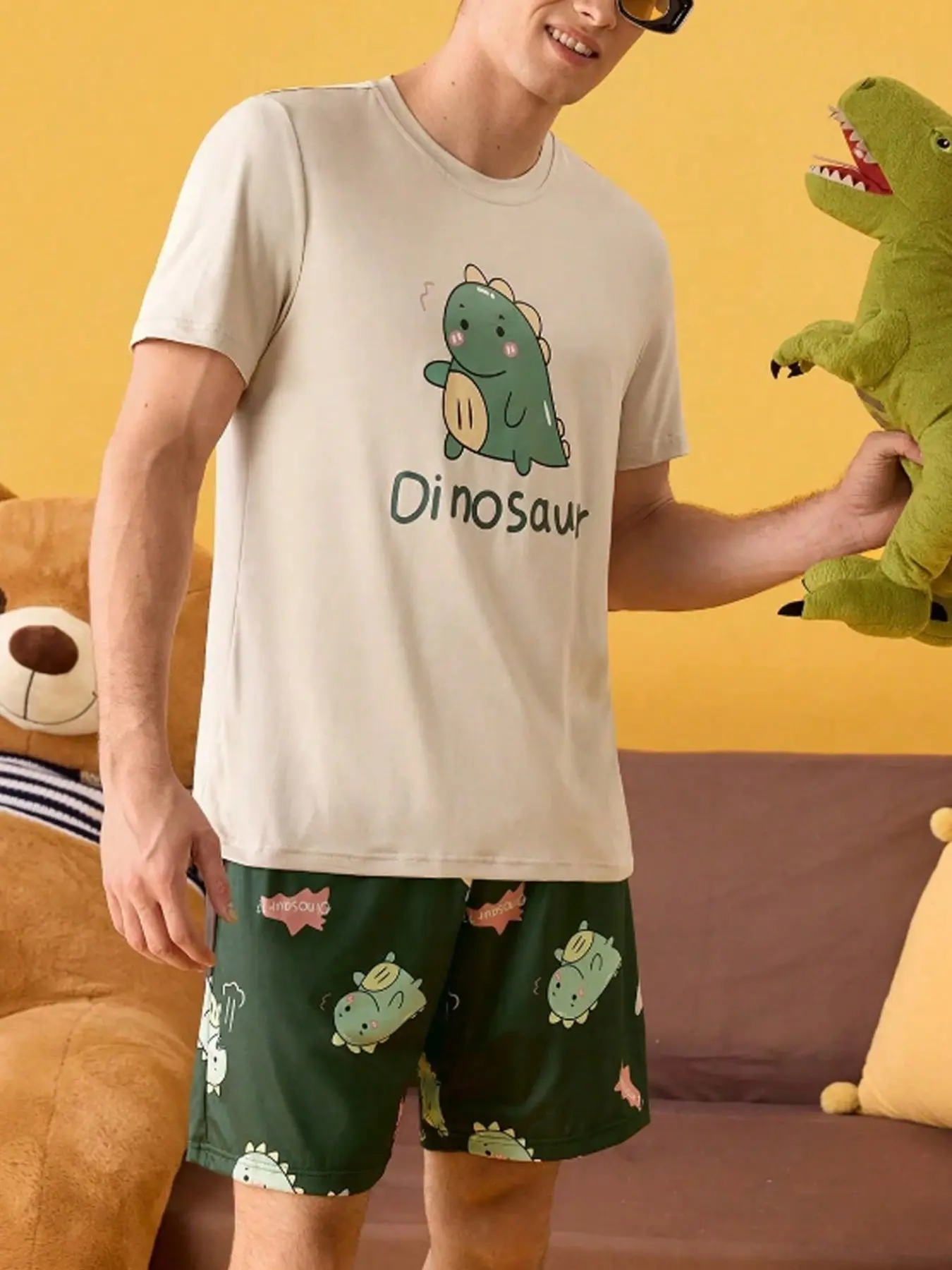 Men's Dinosaur Print Short Sleeve Shorts Homewear Set, Two Piece Loungewear, Casual Comfy Pyjama, Casual Summer, Comfortable Soft Cotton Fabric, Perfect for Relaxing at Home, Pajama, Loungewear, Nightwear, Pjs