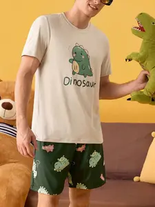 Men's Dinosaur Print Short Sleeve Shorts Homewear Set, Casual Summer, Comfortable Cotton Fabric, Perfect for Relaxing at Home