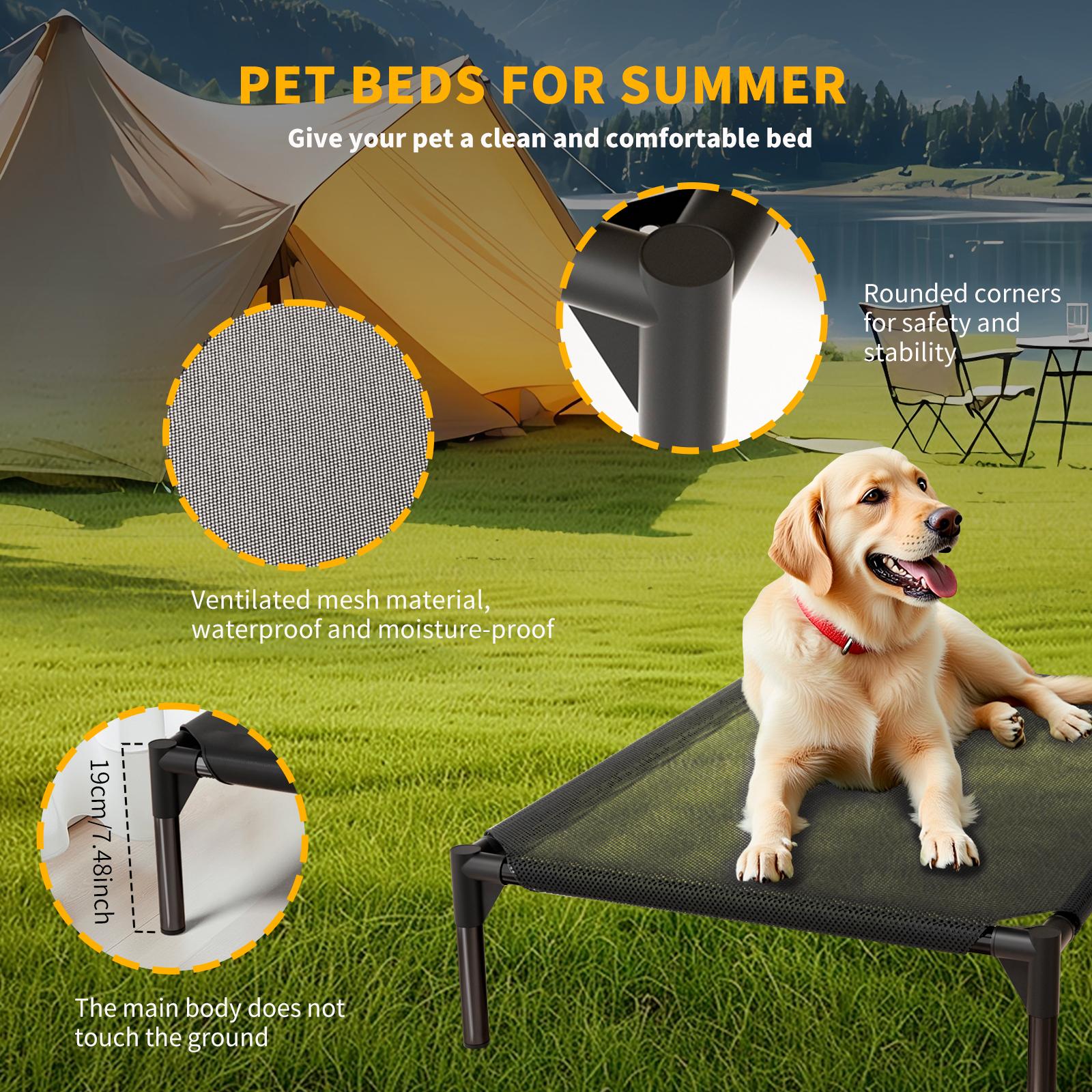 Elevated Raised Dog Cot Bed, Waterproof Breathable Oxford Mesh Off-Ground Pet Bed with Sturdy Steel Frame, Moisture Resistant Indoor Outdoor Camping Cooling Dog Bed, Washable Pet Cot in Black Gray S M L Sizes for Small Medium Large Dogs Cats