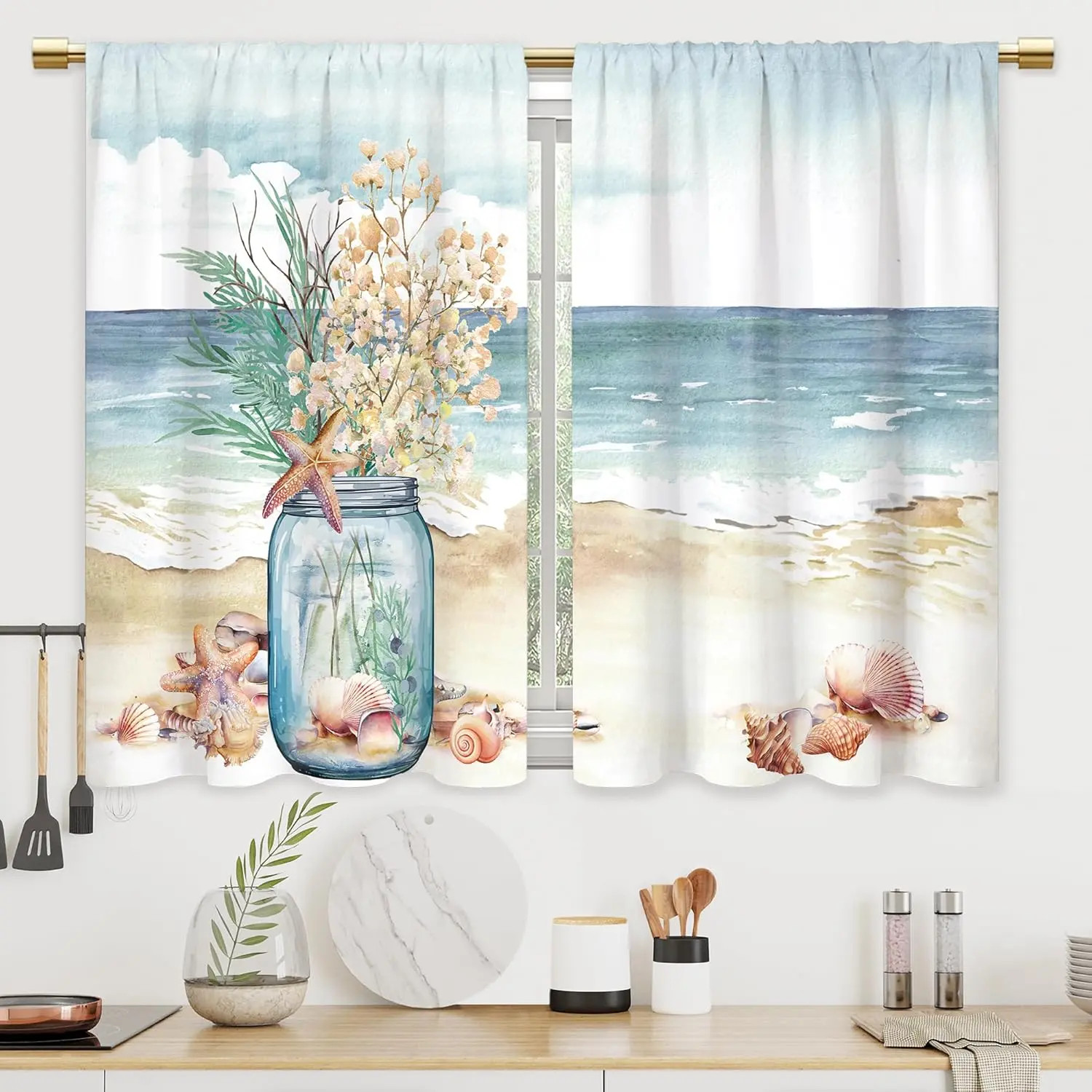 27.5x39 In Sea Motif Tier Curtains - Starfish Blue Light Filter Rod Pocket Durable Drapes, 2-Panel Coastal Window Treatments for Kitchen, Bathroom, Cafe Short Windows
