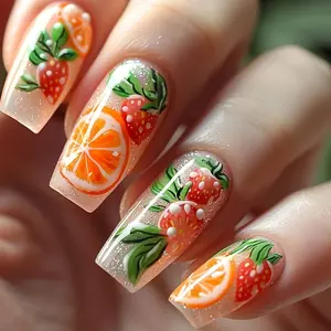 24pcs Summer Fruit Slice Square Nail Art, Strawberry Pattern False Nails, Medium Length Glossy Finish