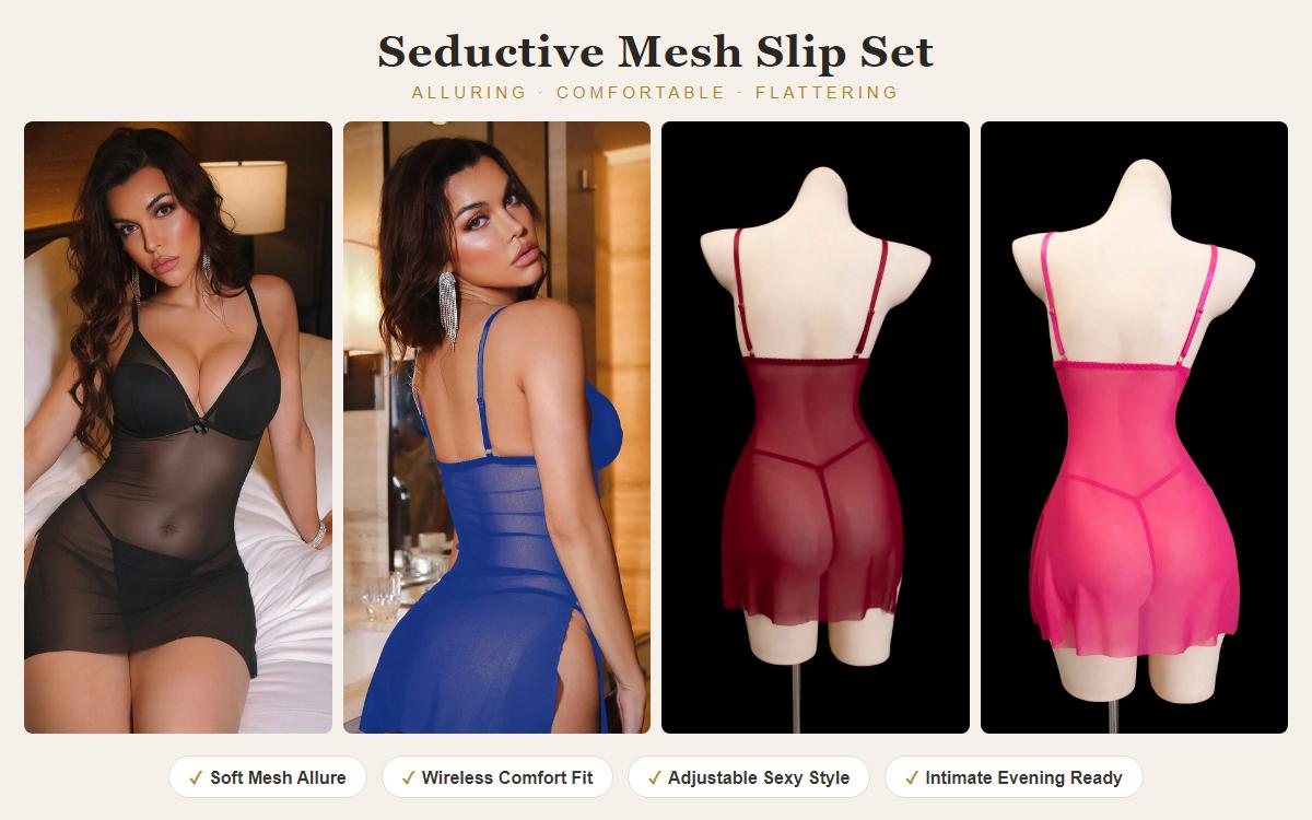 2 Piece Lingerie Set Non-Wired Mesh Bralette Spaghetti Strap Slip Sexy Date Night