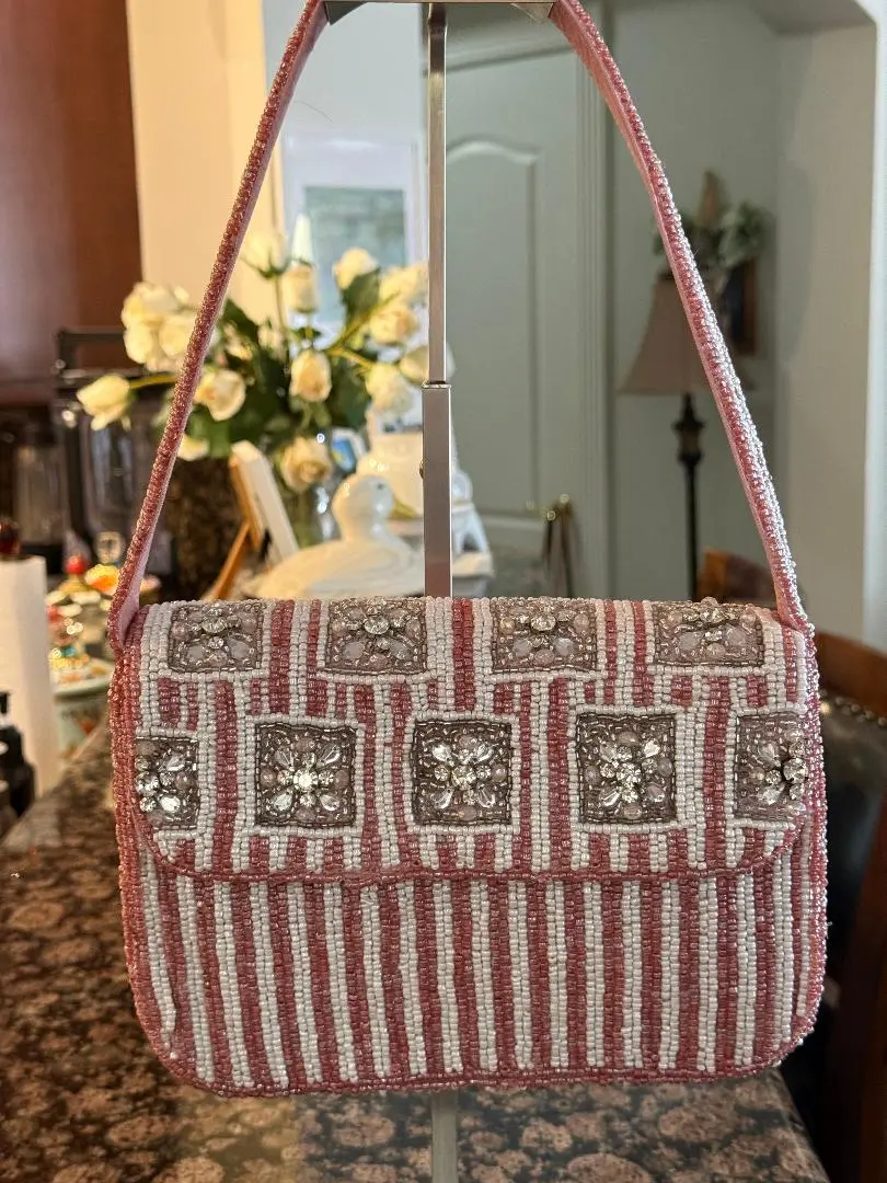 Trending Beaded Bags and Resort Collection - Pink & White Crystal Beaded Shoulder Bag