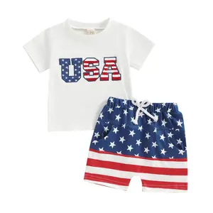 4th Of July Toddler Baby Boy Outfit USA Letter Embroidery Short Sleeve T-Shirt Tops Elastic Shorts 2pcs Set Clothes