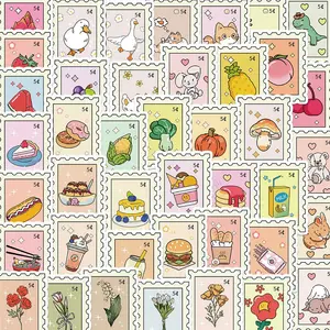 Cartoon Food & Animal Pattern Stamp Sticker, 50pcs/set Cute Stamp Sticker, DIY Decorative Sticker for Phone Notebook Scrapbook Sticker Packs
