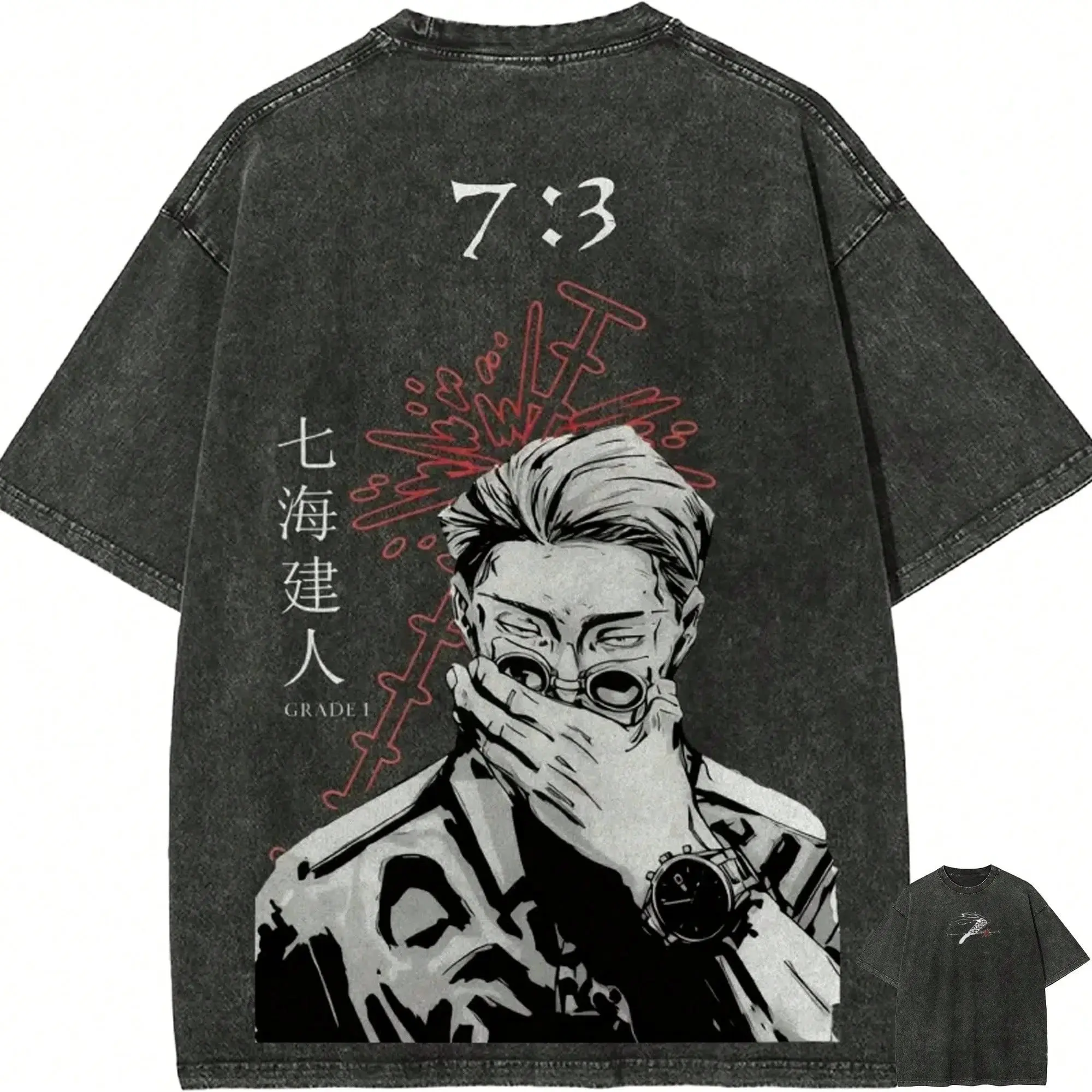 Acid Wash Anime T ShirtNanami Kento T Shirt 7:3 Ratio Anime Men Vintage Acid Wash Oversized Cotton Streetwear Harajuku Tops 2026