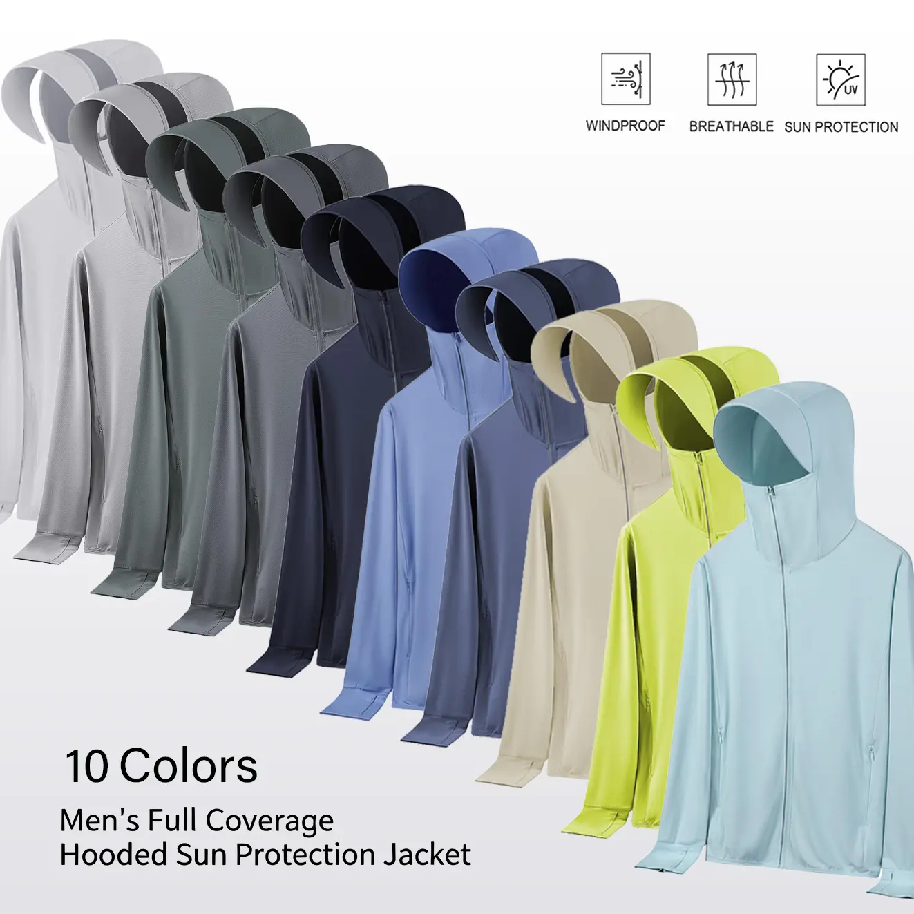 Men's UPF50+ Ice Feel UV-Protective Long Sleeve Hoodie Jacket - 4-Way Stretch Knit, Breathable Mesh, Full Coverage Basics, Hot Weather Hack for Biking & Outdoor Use