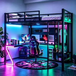Full/Queen Size Gaming Loft Bed with L-Shaped Desk, Computer Tray, Peg Board & USB Ports, Metal Loft Bed Frame with RGB Lights & Storage Shelves for Teens, Black