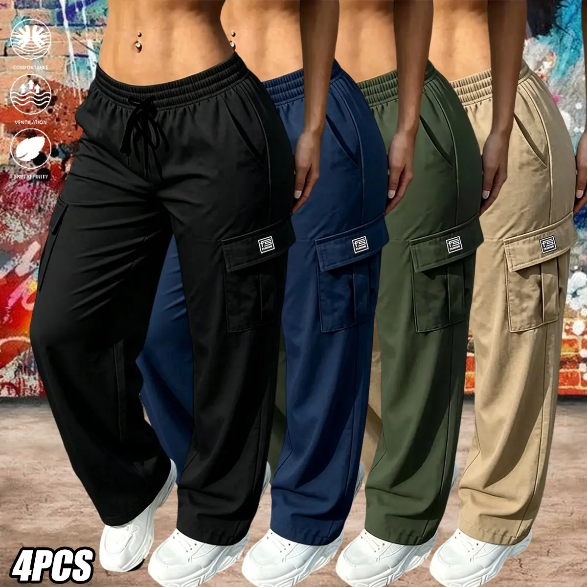 Women’s solid-color cargo pants, 4-pack, featuring an elastic waistband with stretch and practical pockets with large capacity for easier storage.Versatile women’s wear suitable for all seasons—ideal for everyday casual wear, outdoor outings, and workwear