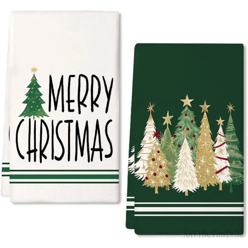AAVibeVault32 Merry Christmas Green Xmas Tree Kitchen Towels (Set of 2) - Dish Hand Towels for Indoor Noel Decorations, Party Use, Home