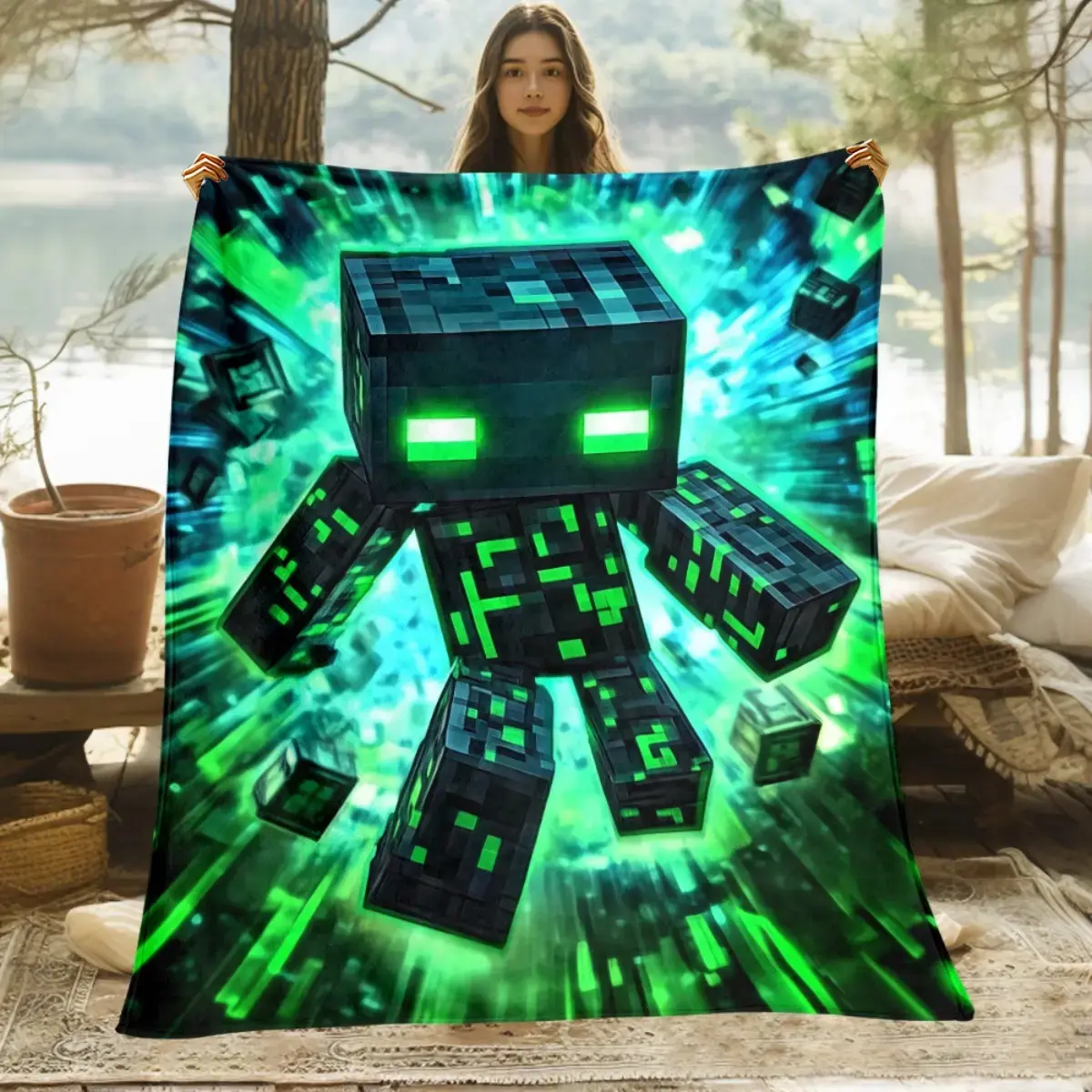 Green Pixelated Character Soft Flannel Throw Blanket. Cozy Lightweight Gamer Fleece Bed Cover for Couch, Travel & Camping! Warm All Season Portable Sofa Bedspread, Unique Christmas Gift for Teen Boys & Kids. Viral Gaming Room Decor Must Haves Gifts!!