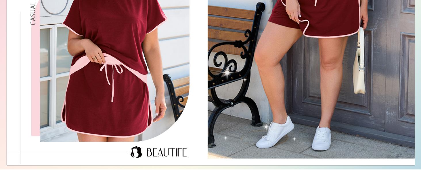 TANKANEO Womens Plus Size 2 Piece Shorts Set Summer Short Sleeve Color Block Shirts and Skort Casual Matching Sets