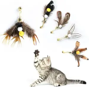 6pcs Colorful Artificial Feather Cat Insect Toys, Interactive Cat Bait Stick Refill with Bell, Durable Indoor Pet Toy Attachment for Small Dogs, No Batteries Required, Fun Toys | Flea Combo | Durable Attachment