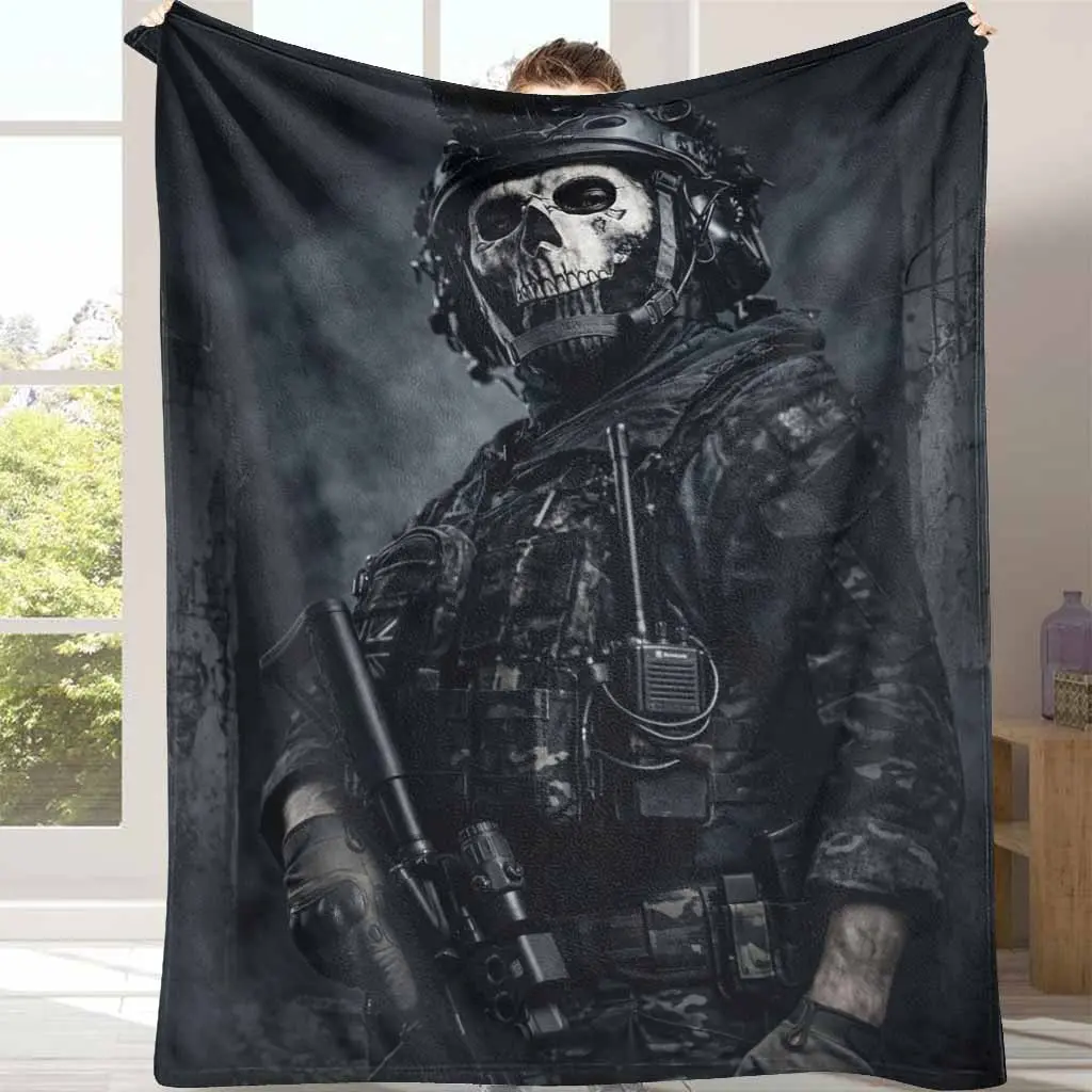 Cozy Flannel Throw Blanket - Tactical Skull Print, Military-Inspired Grim Reaper Graphic, Breathable, Wrinkle-Resistant, Fade-Resistant, Durable Bed Blanket for Military Enthusiasts (Home Decor, Camping Use), Cozy Flannel Blanket, Flannel Throw Blankets