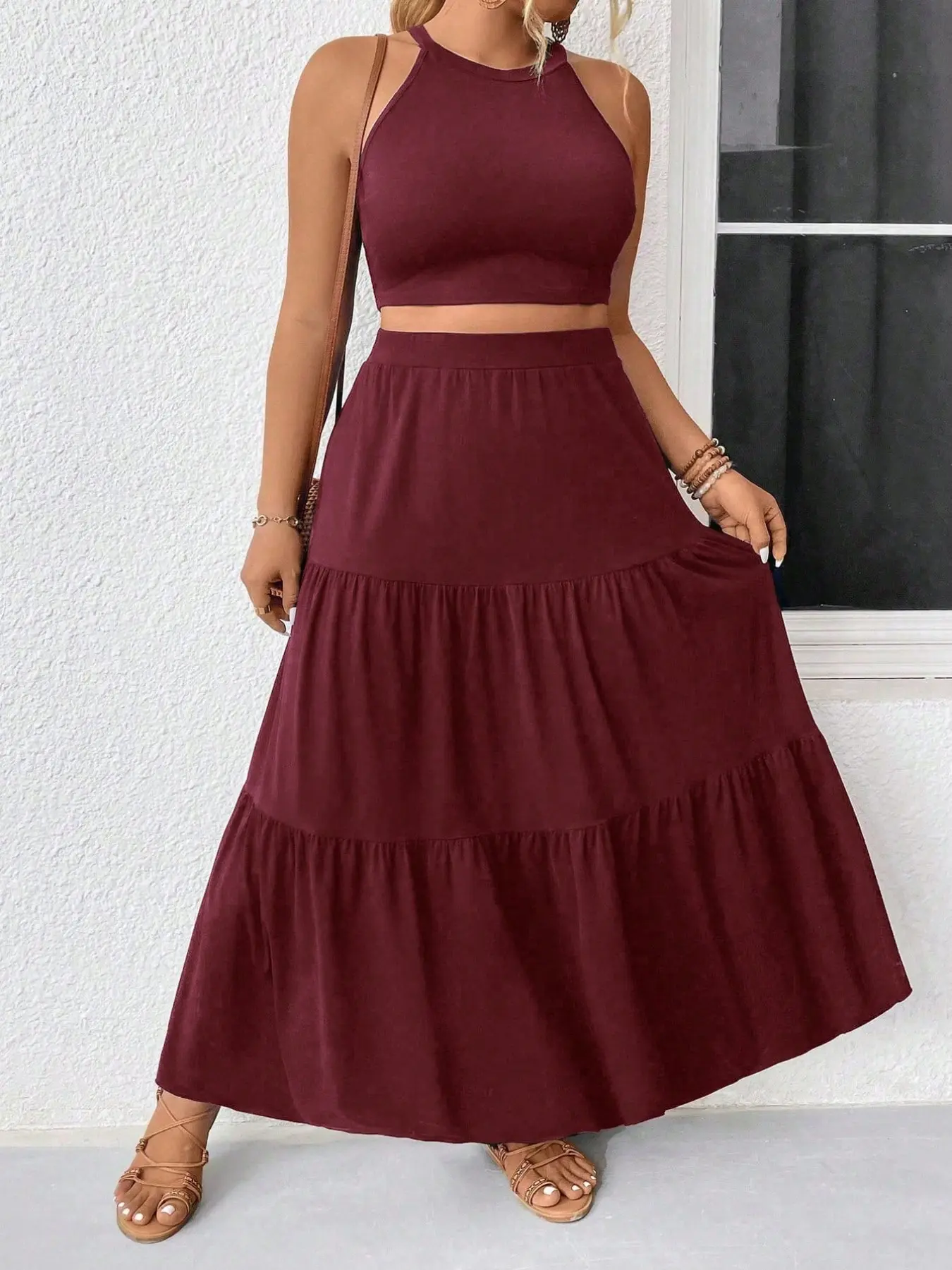 knee length dresses for ladies Burgundy Satin Tiered Maxi Dress for Women