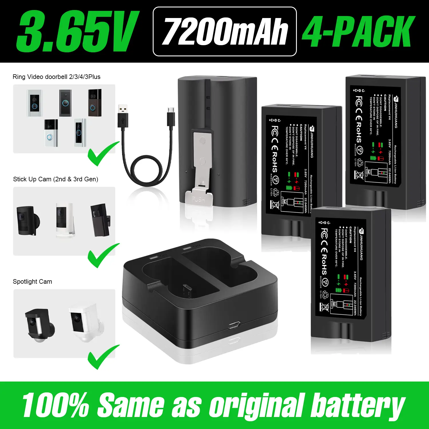 2-Pack 7200mAh Rechargeable Battery for Video Doorbell/Security Camera – Fast Charging, Long-Lasting, Overheat Protection – Compatible with Ring/Nest/Arlo & Most Brands – FCC/CE/RoHS Certified