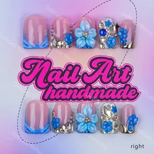 Delicatething Y2K Style Duckbill Nails, Handmade Nail Art, Flower Design Nails, 4 Sizes XS S M L, Blue French Design, Perfect Gift for Women