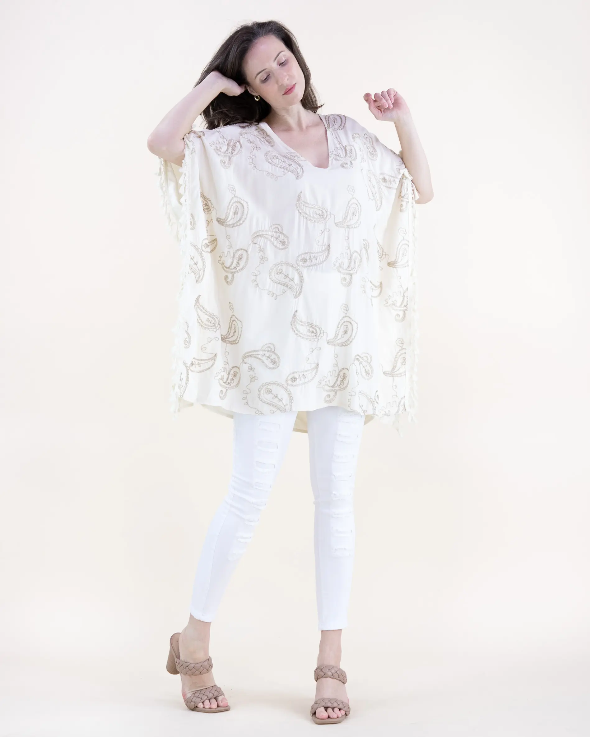 Women's Gold Shimmery Ivory Paisley Embroidered Tassel Trim Poncho - V-Neck, Kimono Sleeves, Lightweight Woven Fabric, Hand Washable, Casual Boho Fashion Bohemian Blouse Shirt