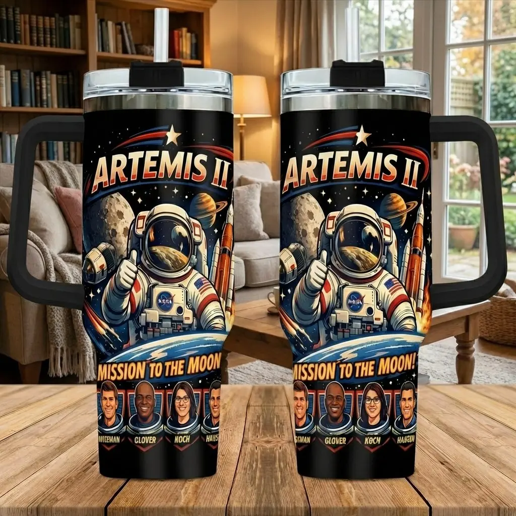 Space Mission Astronaut Tumbler, Retro Moon Landing Design Insulated Travel Mug, Galaxy Rocket Coffee Cup