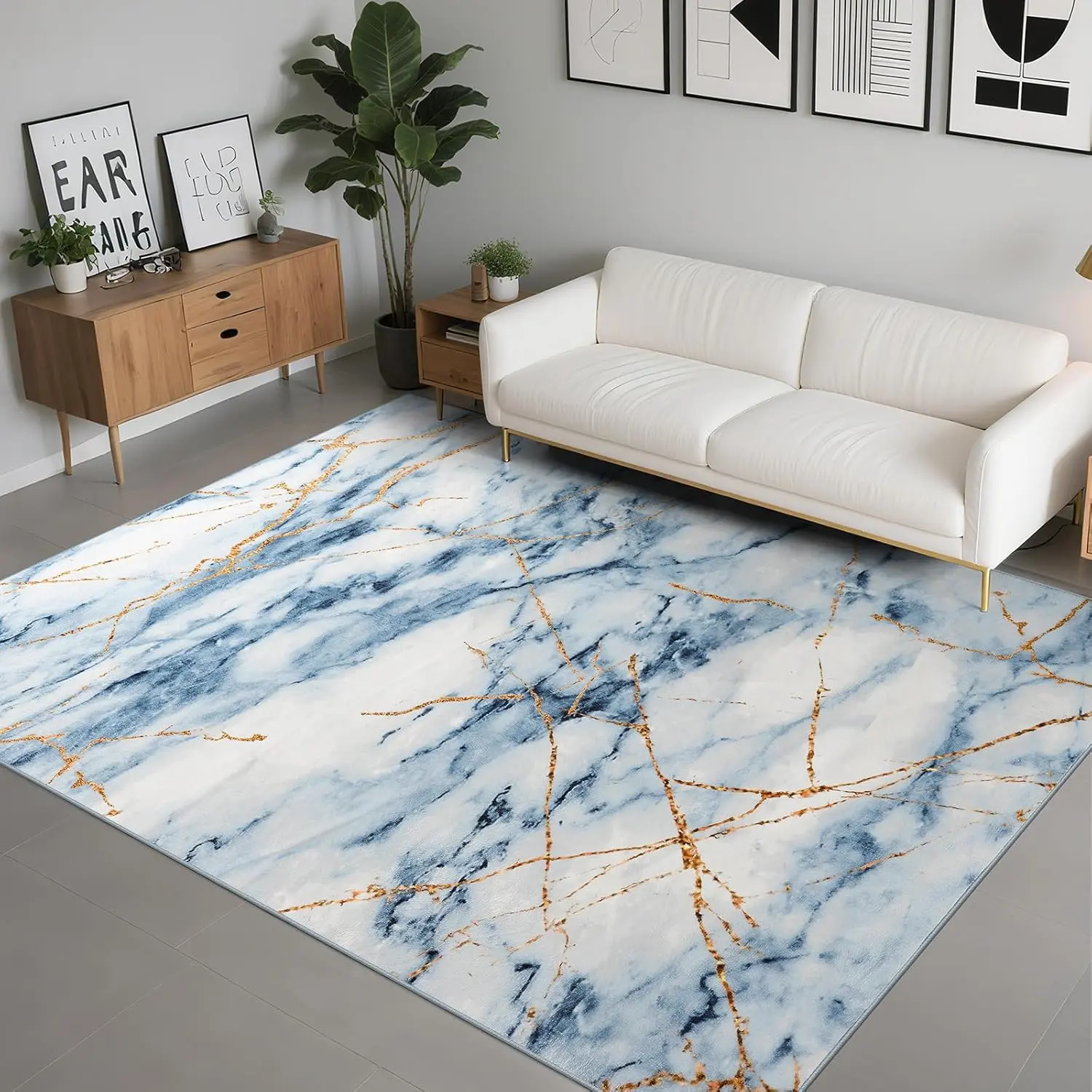 Blue 9x12 Large  Machine Washable Rug, Vintage Marble Abstract Imitation Cashmere Print Non-Slip Carpet, Suitable For Living Room, Bedroom And Dining Room Low Pile Area Mat, Sizes 4x6, 5x7, 6x9, 8x10, 9x12 Feet