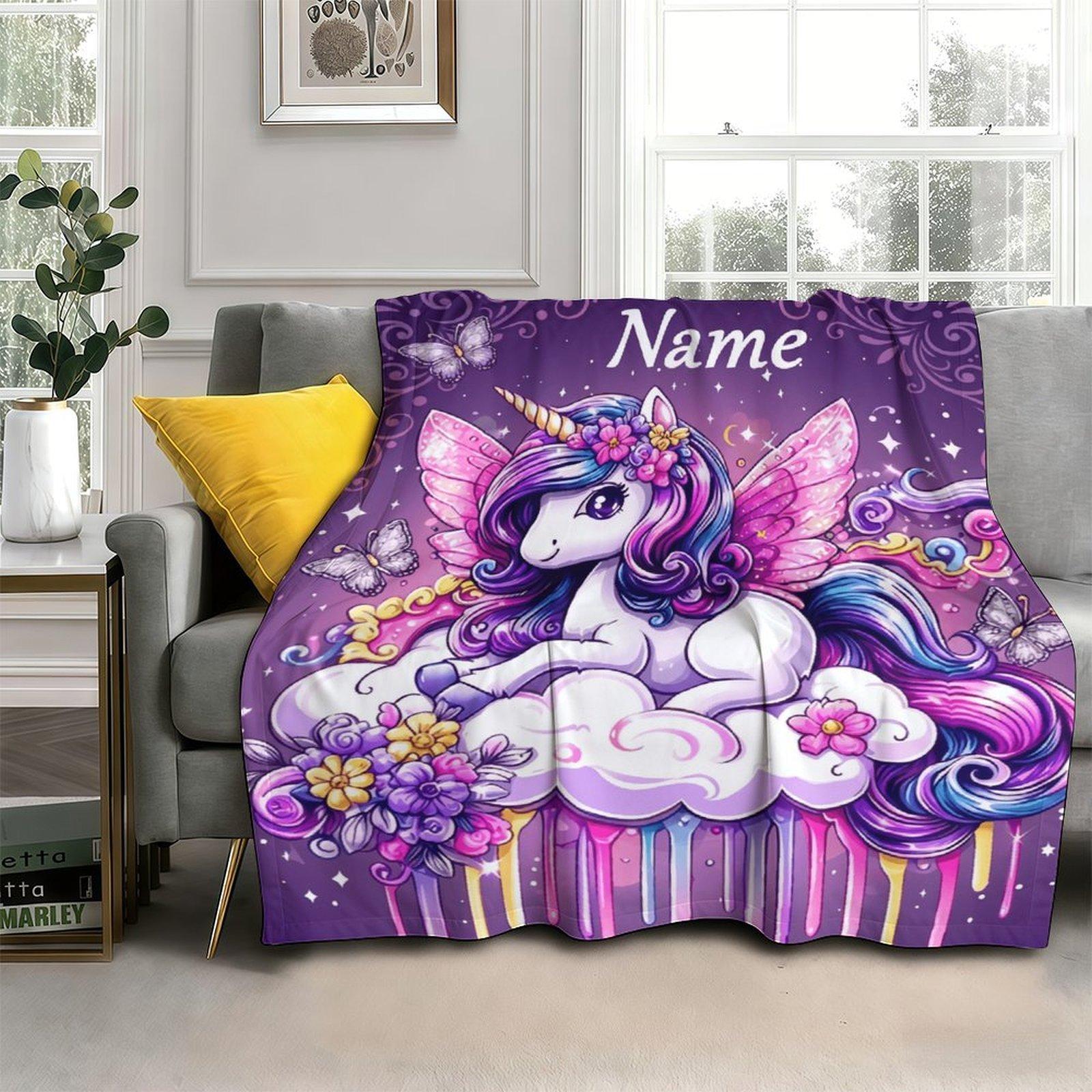 Custom Pink Unicorn Flannel Blanket ,Personalized Name Gift ,Suit for The Sofa, Bed, Travel, Camping, Living Room, Office, Chair，Gifts for Family or Child  ,Friend , Send your custom text via shop chat to personalize