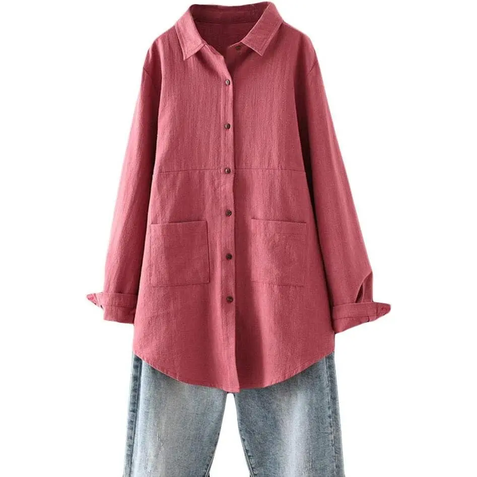 Women's Linen Shirts Button Down Long Tunic Tops Plus Size Blouse With Pockets