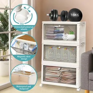 23QT Plastic Stackable Storage Drawers, 3 Tiers Collapsible Storage Bins with Lids, Clear Storage Drawers for Clothes Storage & Organization, Craft Storage Bins Foldable Storage Boxes with Doors Containers Kitchen