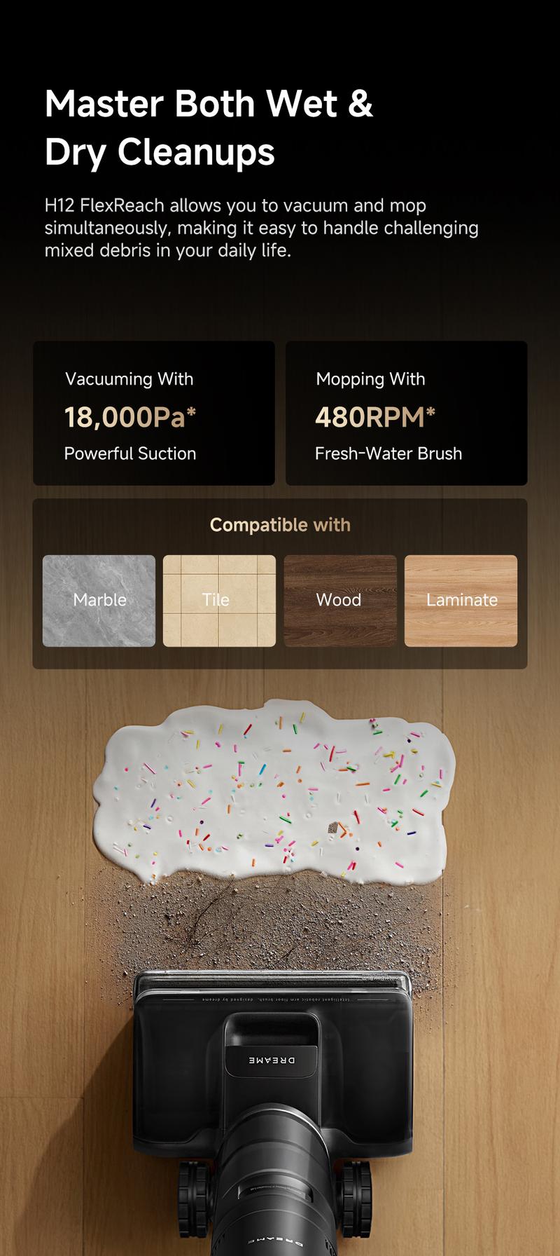 DREAME H12 PRO Wet Dry Vacuum Cleaner, Smart Floor Cleaner Cordless Vacuum and Mop for Hard Floors, One-Step Edge to Edge Cleaning with Hot Air Drying Black