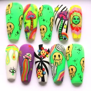 Halloween Neon Coffin Press On Nails | 3D Y2K Fake Nail Set | Spooky Nail Art for Holiday, Vacation, Birthday