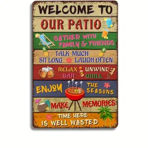 Vintage "Welcome To Our Patio" Metal Sign - 8x12 Inch Tropical Backyard Wall Decor, Perfect Gift for BBQ & Outdoor Living Enthusiasts