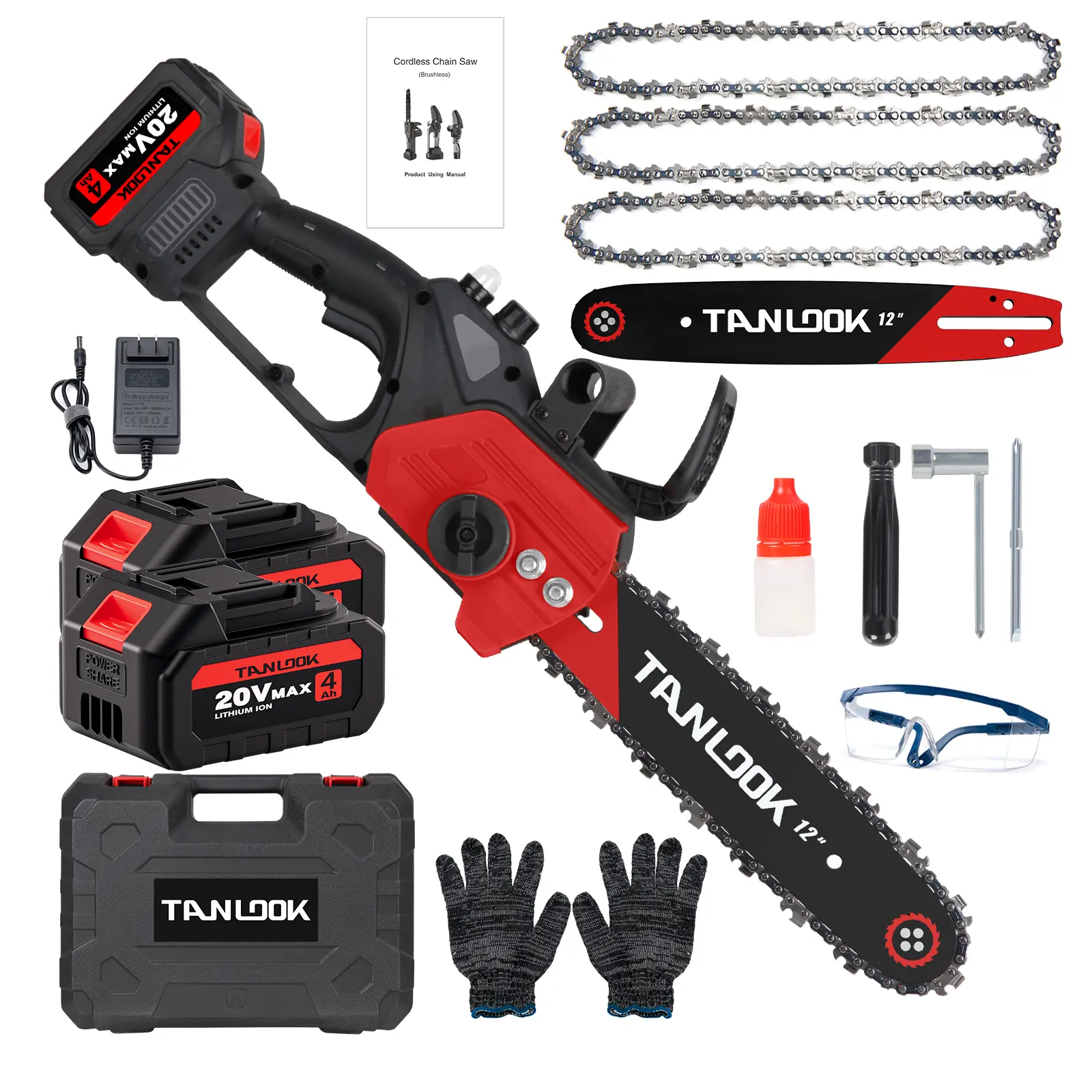 TANLOOK 12 Inch Brushless Cordless Chainsaw, 20V 2*4.0Ah Batteries Heavy Duty Portable Chain Saw, STU4 Logging Pruning Woodworking Garden Power Tool with Portable Handle, Portable Chain Saws