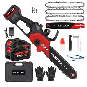 TANLOOK 12 Inch Brushless Electric Chainsaw Saw Logging Saw Pruning Woodworking Garden Power Tool 20V 2*4.0Ah Batteries Cutting Heavy Duty Portable Handle STU4