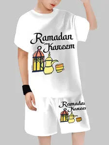 Muslim Ramadan Kids Pajamas Set, Tea Pot Lantern Print T-Shirt, Cute Short Sleeve Pants, Spring & Fall Wear, All over Print