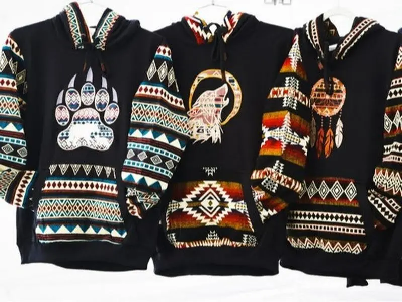 Men's Black Hoodie with Native Tribal Patterns and Spirit Animals - Sweatshirts, Menswear