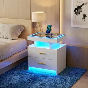 Modern LED Nightstand, High Gloss White Glass Top Bedside Table With Charging Station & USB Ports, 3 Drawers Storage Cabinet, Multifunctional End Side Table For Bedroom Living Room Home Furniture
