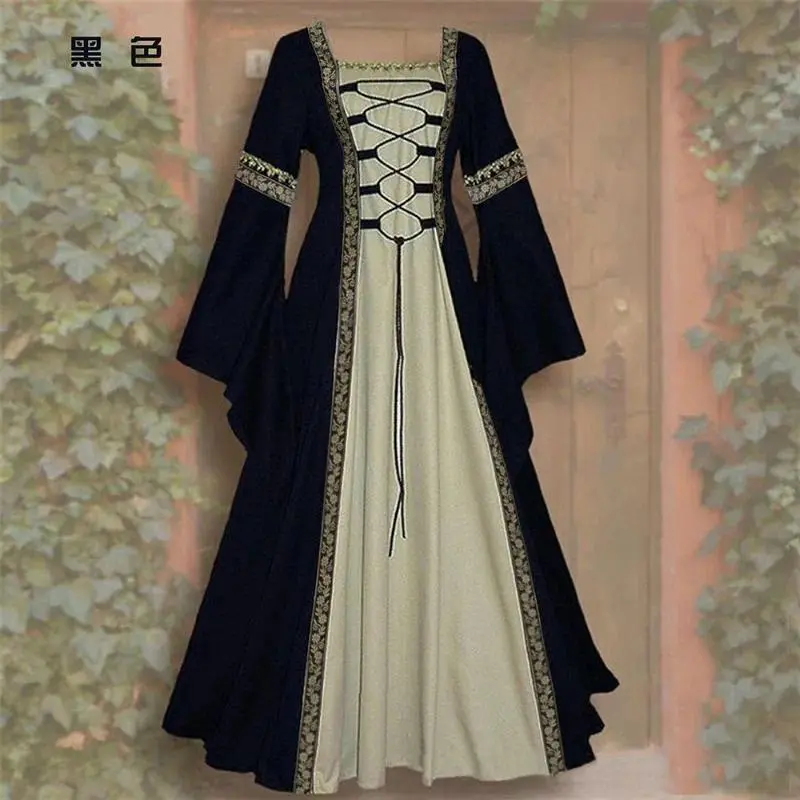 Women's Elegant Historical Period Polyester Vintage Medieval Dress - Off-Shoulder, Flared Long Sleeves for Halloween Vampire Costumes