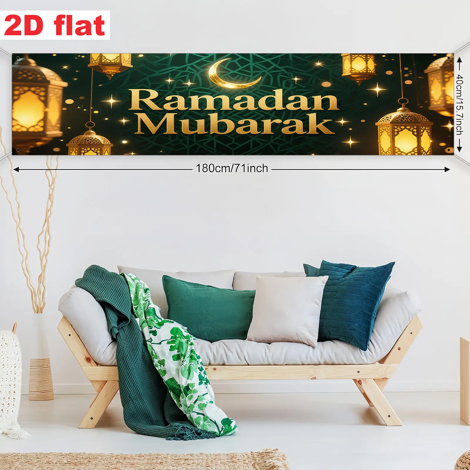 2D Flat Banner Party Banners, Polyester Material, Ramadan Theme Garden Decoration, Deep Background, Gold Crescent Moon, Star Pattern