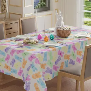 Colorful Watercolor Cute Bunny Rabbits Easter Tablecloth Rectangle Round Table Cloth Washable Table Covers for Indoor Dining Home Party Decorations