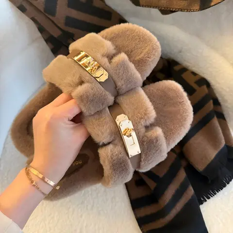 Mao Mao Women's Stylish Soft Fur House Slippers - 2026 Spring-Autumn Round Toe, Non-Slip Sole, Adjustable Straps, Casual Elegant Home Wear, Cozy Feet, Effortless Wear, Ideal for Lounging, Gifts