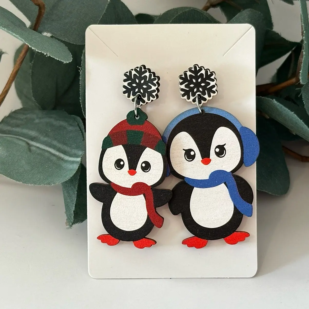 Winter Boy and Girl Penguin Dangle Earrings