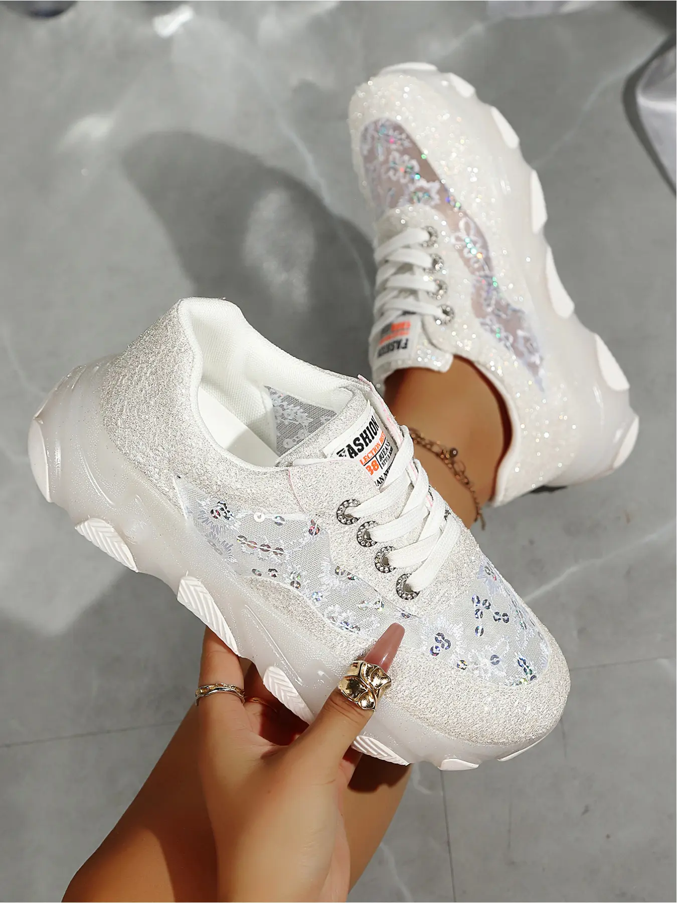 Women's Rhinestone Mesh Platform Sneakers, Glitter Sequin Chunky Dad ShoesWomen's Rhinestone Mesh Platform Sneakers, Glitter Sequin Chunky Shoes