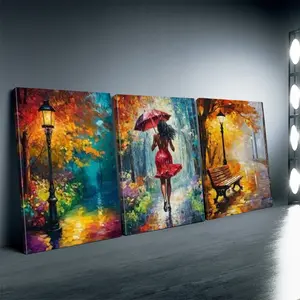 2D flat painting, 3-piece framed canvas wall art set, framed canvas wall painting set - Modern Paris-style forest street scene with a woman in a red dress, wooden frame, oil painting texture canvas, European-style landscape triptych suitable for the livin