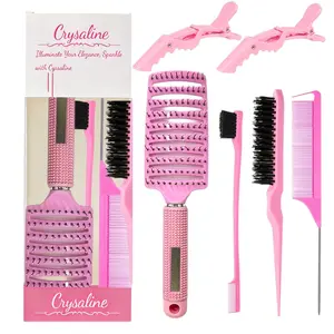 6-Piece Hollow Out Bent Bone Comb Set, Anti-Static 9-Tooth Massage Comb, Plastic Straightening Curling Brush, Hairbrush + 2 Clips