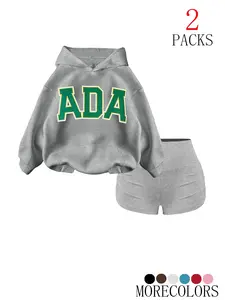 Women's Fall Winter Hooded Sweatshirt Set, Casual Loose-Fit Thick Fabric, Ada Letter Print, Pocket Design, Ideal for Sports & Daily Wear