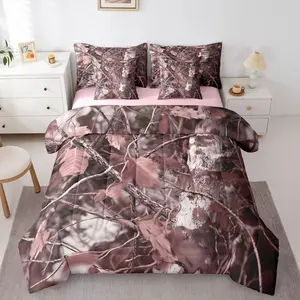 Trees Branches 7 Piece Bedding Set,Camo Comforter Set with Sheets Rustic Wild Hunt Nature Theme Woods Bed in a Bag Pink Leaf Pattern Farmhouse for Teens Men Women