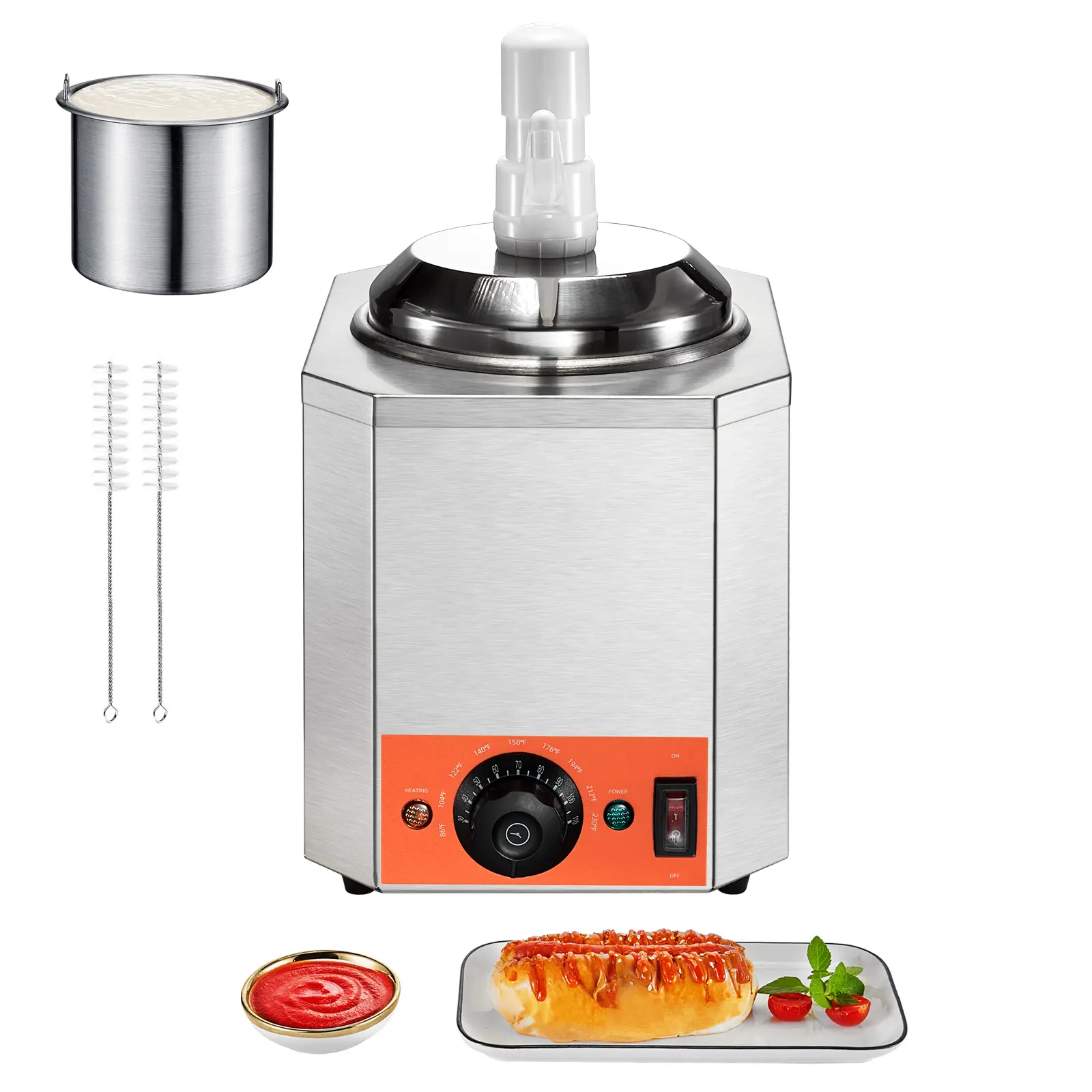 Electric Cheese Dispenser with Pump, 2.3 Qt Commercial Hot Fudge Warmer, Plastic Pump Dispenser, 86-230℉ Temp Adjustable Nacho Cheese Sauce Warmer, for Hot Fudge Cheese Caramel