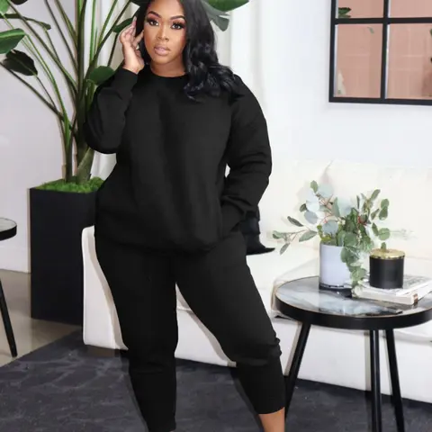 USBOUTIQUECHIC Women's Plus Size Black Fitted Crewneck Sweatshirt & Drawstring Waist Sweatpants Set Casual Round Neck Long Sleeve Pullover & Trousers for Fall Winter Clothing Outfits Minimalist Style
