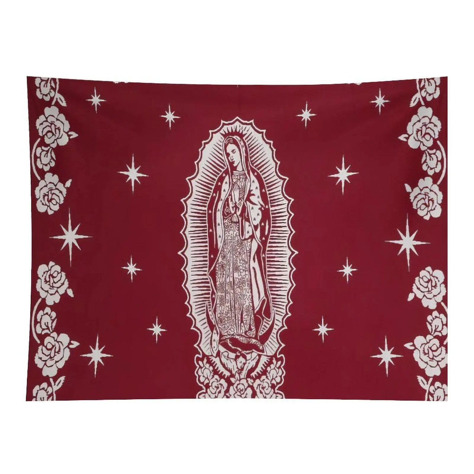 Traditional Mexican Catholic Our Lady Of Guadalupe Wall Tapestry, Deep Burgundy Red Background With White Rose Star Print, For Chapel, Home Altar, Room Decor