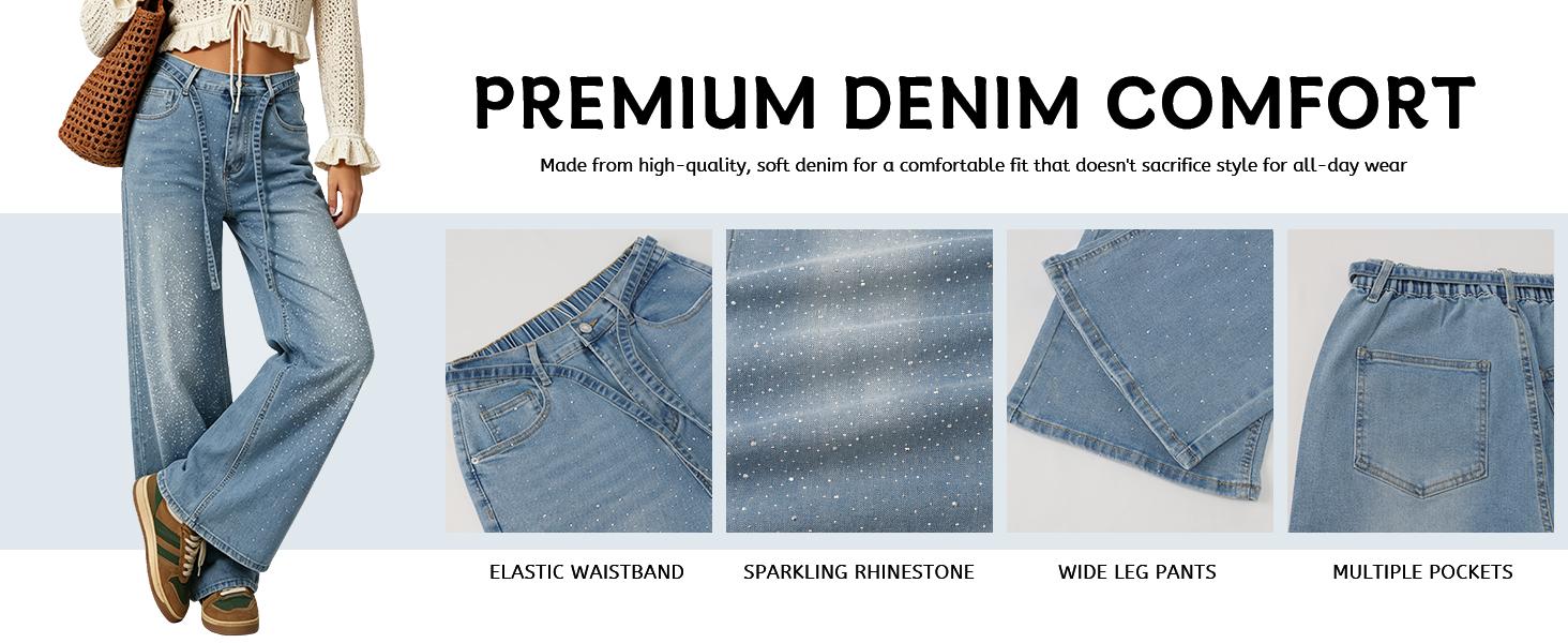 Tanming Womens Rhinestone Wide Leg Jeans High Waisted Baggy Sparkly Denim Pants Y2K Loose Fit Streetwear Trousers