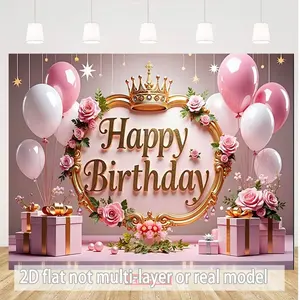 1Pc2d Birthday Party Banner in Polyester, Decorative "Happy Birthday" Arrangement with Crown, Balloons, Roses and Gift Box. Perfect Gift for Party Planner, Birthday Party Decor, Party Decor, Yard Decor, Photographic Background Decor